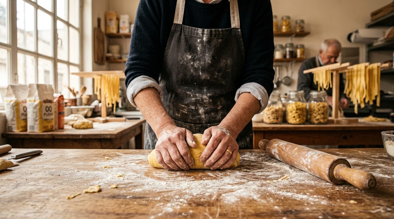Mesa de amasado con harina y manos elaborando pasta fresca en el taller de Don Luigi